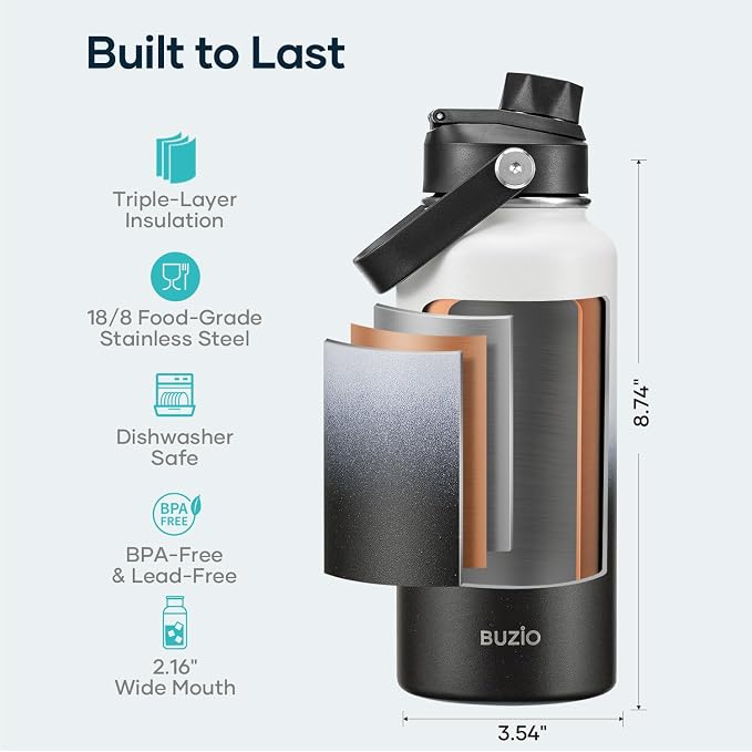 BUZIO Insulated Stainless Steel Water Bottle 32 oz with Straw & Spout Lids | Triple Wall Insulated Tumbler (Dishwasher Safe) ,Cold for 48 Hrs/Hot for 24 Hrs, Leakproof, BPA-Free, for Sports, Gym, School