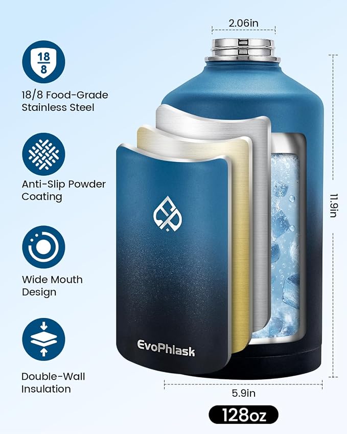 1 Gallon Water Bottle Insulated with Carrier Bag, Indigo/Black | Stainless Steel, Vacuum Insulated Keep Cold 48 Hrs, 128 oz Large Gallon Water Jug, For Travel, Sport, Gym, Hiking