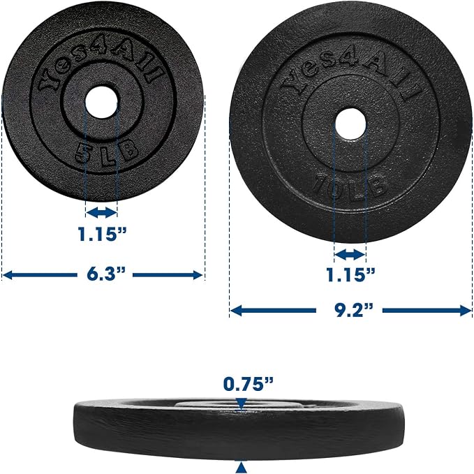 Yes4All Cast Iron Weight Plates, 1.15-Inch Standard Hole Weight Plate Set of 4 & 8, Fits Dumbbell Handles for Strength Training, Weightlifting & Home Gym Workouts