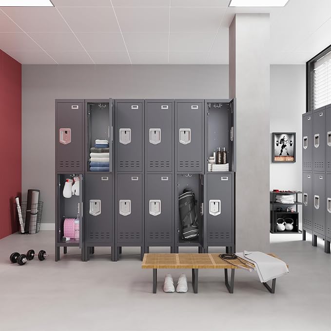 BUTISOW Metal Storage Locker with Lock & Card Slot Locker - Secure Lockable Door - Steel Locker for School, Office, Gym, Home - 66.15" H x 11.8" W x 11.8" D（2 Door, Grey）