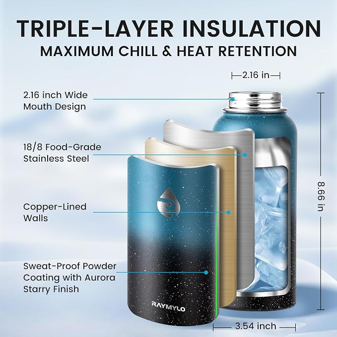 RAYMYLO Insulated Water Bottle 32 oz, Triple Wall Vacuum Stainless Steel | (Cold for 24Hrs, Hot for 12Hrs), Leak Proof & Non-BPA, Modern Water Flask Jug with Paracord Handle & Straw Spout Lids