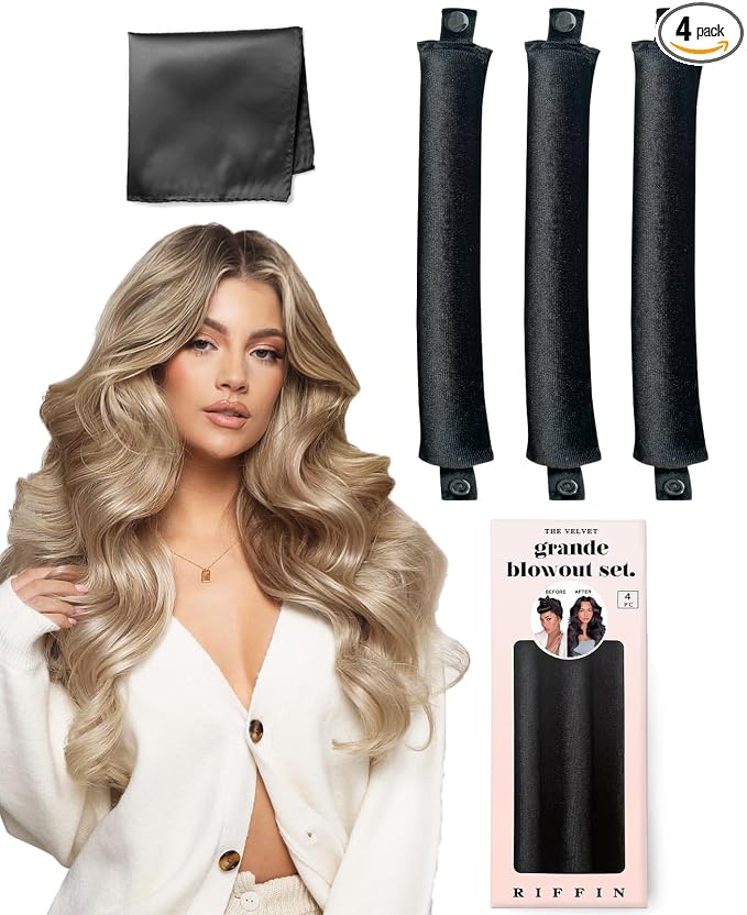 Grande Heatless Curls Overnight Rods - Upgraded Directional Grip Velvet - No Heat Hair Curlers to Sleep, Jumbo Large Hair Rollers Flexible Curling Rods Set for Long Thicker Coarser Hair Blowout Look