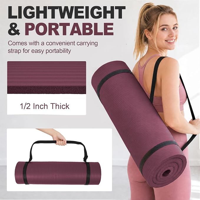 HULKFIT High Density Non Slip Yoga Mat, Extra Thick Exercise Mat with Carrying Strap, for Pilates, Fitness, Home Gym & Floor Workouts - Multiple Thickness & Multiple Color