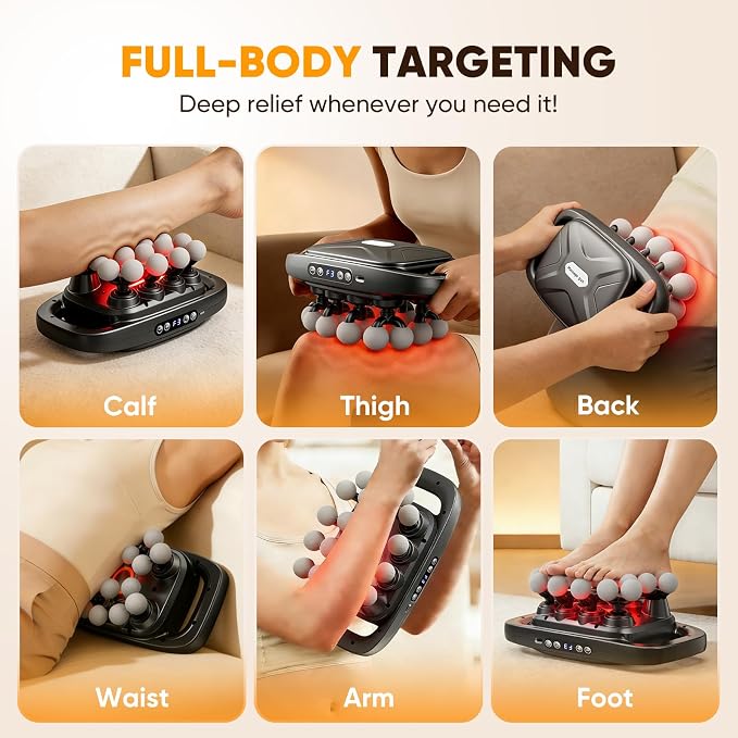 20-Head Massage Gun, 3 Modes and 30 Speed Levels | 20-head wide coverage, quiet 35 dB operation, Type-C charging, and up to 6 hours of cordless use for full-body relaxation.