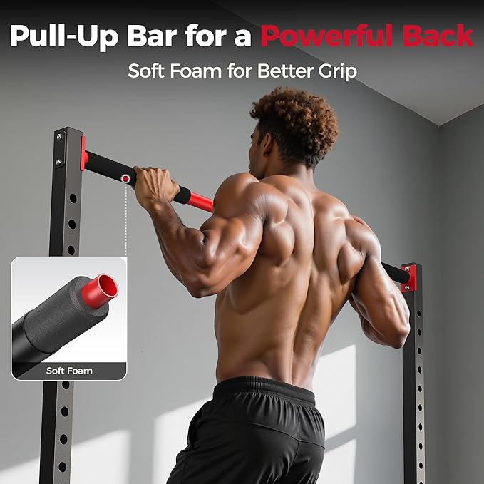 FLYBIRD SR1 Squat Rack, Adjustable Power Rack for 6FT/7FT Barbells | Squat Rack for Home Gyms with Pull-Up Bar,22 Adjustment Positions, J-Hooks and Safety Spotter Arms w/ 110/180LBS Home Package