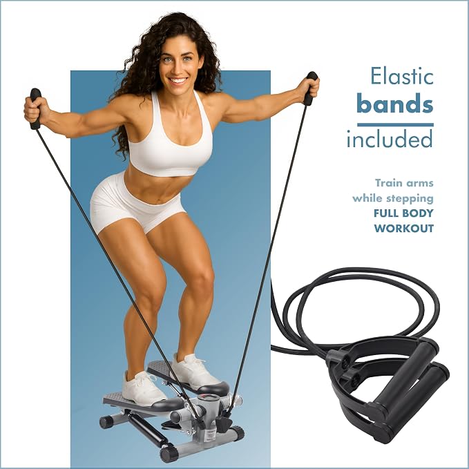 PORTENTUM Mini Steppers for Exercise Workout with Resistance Bands and LCD Display 5 Functions — Stepper 3-in-1 for Legs, Glutes and arms — Adjustable Intensity — Easy to Store Home Workout Equipment