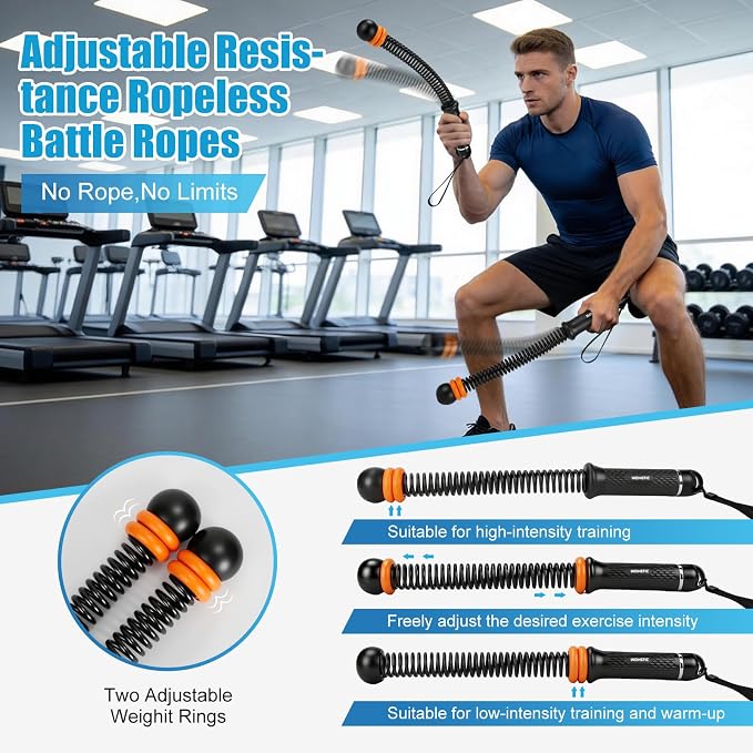 Weighted Ropeless Battle Ropes Adjustable Weight - Portable Cordless Battle Ropes for Home Gym with Poster - Strength Building, HIIT and Low-Impact Aerobic Training for Men & Women (Black)