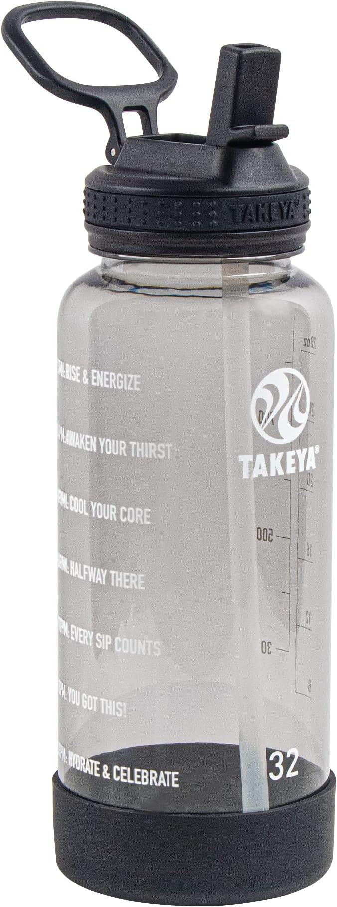 Takeya Motivational Water Bottle with Straw Lid and Time Marker (32 oz, Stormy Black) - Leakproof, BPA Free Water Bottle for Daily Intake Tracking