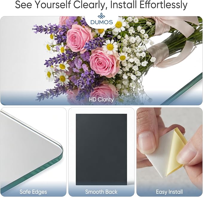 DUMOS 4 Pack Wall Mirror Tiles, Hallway Wall Mounted Mirror 16"x12" HD Glass Sheets, Square Mirrors for Walls, Full Length Mirrors Tiles for Home Gym, Bedroom, Door
