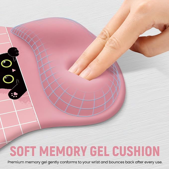 Ergonomic Mouse Pad with Wrist Rest, Gel Wrist Support, Pink Cat | 10.2 x 7.6 in Mouse Pad with Smooth Fabric Surface and Non-Slip Rubber Base for Office, Home, Study, and Gaming