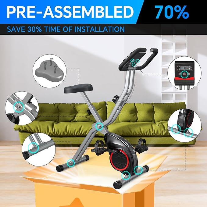 Lightweight 33LB Foldable Exercise Bike for Small Apartments, Stationary Bikes for Home Workout, Indoor Portable Cycling Bike with 16-Level Magnetic Resistance, 260LBS Capacity, 5.5 LBS Flywheel