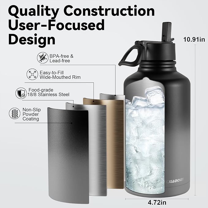 KXIAOCHEN Insulated Water Bottle with Strap, 48-Hour Cold, 2 Lids | Triple-wall insulation, lead-free 18/8 Stainless steel, paracord handle, carabiner clip, for gym, hiking, camping and travel