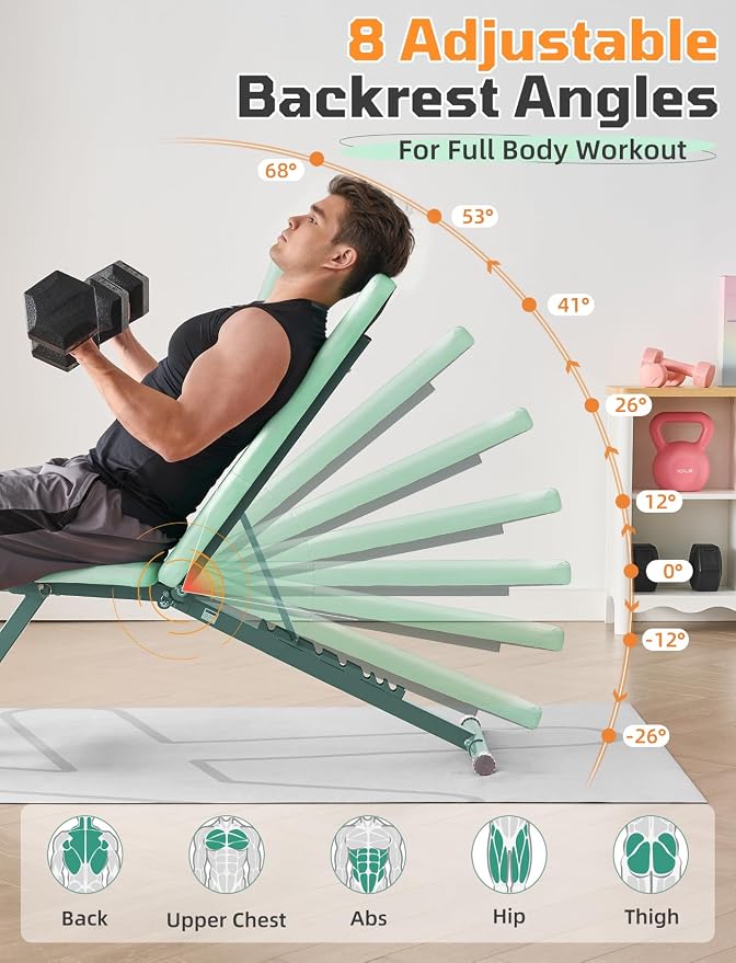 SPORTSOUL 880LB Weight Bench, 8-Position Backrest Adjustable Workout Bench | Foldable Weight Bench for Home Gym Strength Training – Incline Decline Flat, Compact for Small Space Apartment Room Garage