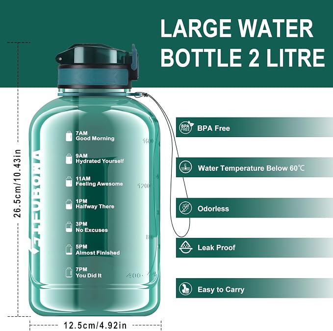 64oz Sports Durable Water Bottle with Handle Leak Proof | Big Handle, 2l, Wide Mouth, Motivational and Time Marker for Camping Gym, Office