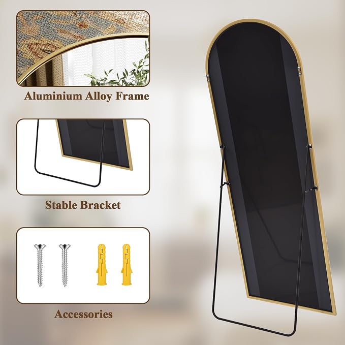 Arched Full Length Mirror 65"x24" Leaning Hanging for Decor Gold | Standing Body Mirror with Aluminum Frame for Bedroom Cloakroom Living Room Make-up Gift