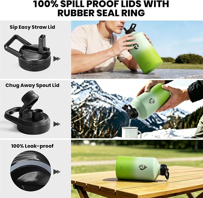 RAYMYLO One Gallon Water Bottle Insulated, Triple Walled Vacuum Stainless Steel (Cold for 48 Hrs), Leak Proof & Non-BPA, Large Water Flask Jug with Paracord Handle & Straw Spout Lids