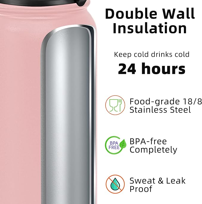 Fanhaw 40 oz Insulated Stainless Steel Water Bottle with Chug Lid, Leakproof & Sweat-Free Extra-Large Metal Bottle for Outdoor, Hiking & Gym (Pink)
