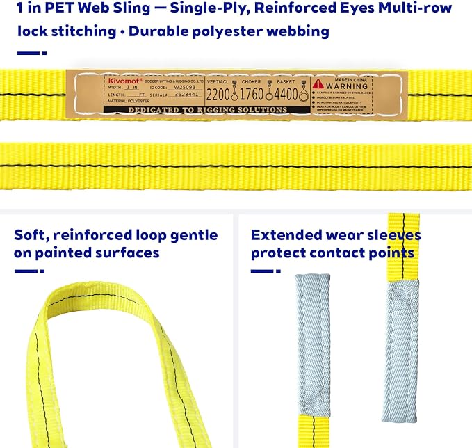 Polyester Web Sling Lifting Straps, 2 Pack 6.5 FT x 1 in Eye and Eye Lifting Slings, Flat Rigging and Hoist Straps, WLL 2200 lb Vertical, 1760 lb Choker, 4400 lb Basket