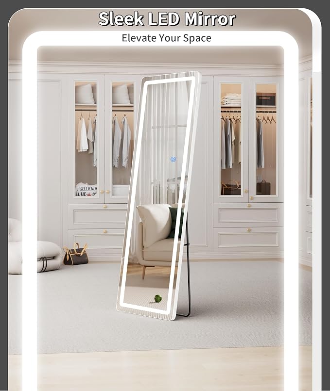 Koonmi Full Length Mirror with LED Lights, 60"x16" Lighted Mirror with Dimming & 3 Color Lighting, Big Mirror for Bedroom, Dressing Room, Rectangle,White