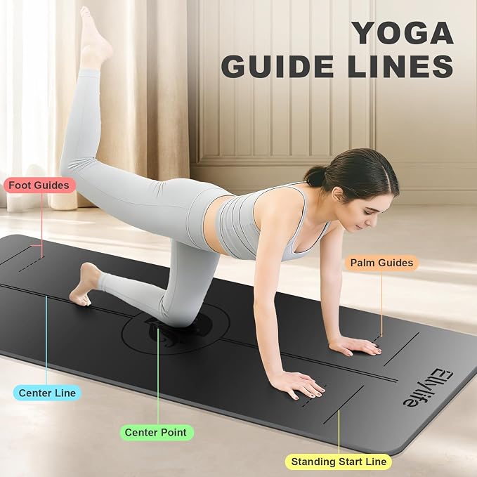 Yoga Mat - Non Slip Natural Rubber Yoga Mat, Alignment Lines, Ultimate Grip | Anti-Tear, Durable & Thick 5mm, Skin-Friendly with Free Carry Strap, Bag, for Yoga, Pilates Fitness and Floor Exercises