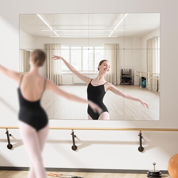 12 Pack Tempered Glass Gym Mirror Tiles 16" x 12" Each Self-Adhesive Wall Mirrors, Frameless Workout Mirrors for Home Gym Workout Yoga