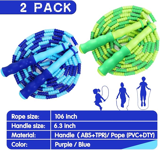 Supertrip Jump Rope Kids-Soft Beaded Skipping Rope Adjustable Tangle-Free Segmented Jumping Rope for Children and Students