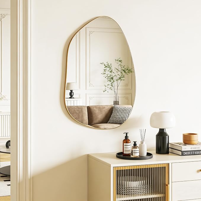 Irregular Wall Mirror Asymmetrical Mirror, Gold Mirror for Bathroom Living Room Entryway Bedroom, Decorative Modern Mirror, Tempered Glass, Shatterproof, Hangs Horizontally or Vertically (28" x 20")