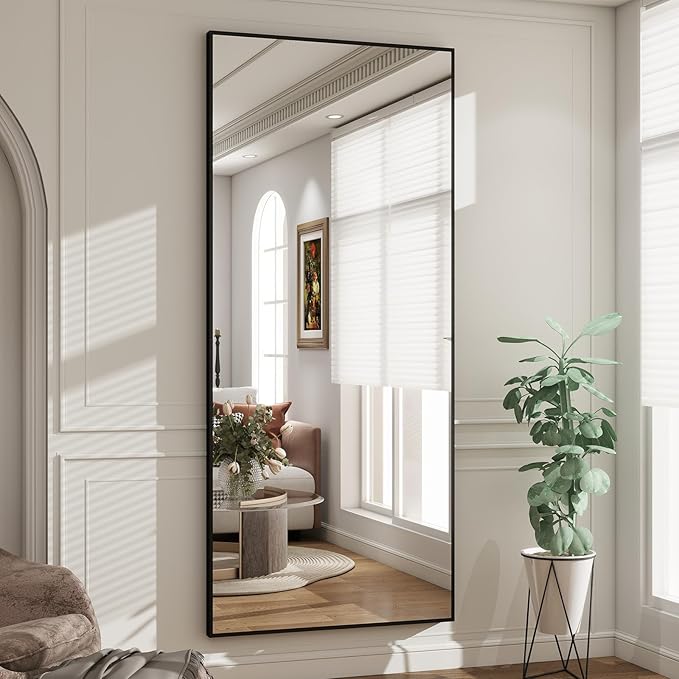 BEAUTYPEAK Full Length Mirror with Stand, 65"x24" Floor Mirror | ShatterVue Tempered Full Body Mirrors with Aluminum Alloy Thin Frame, Standing or Wall-Mounted Mirrors for Living Room, Black