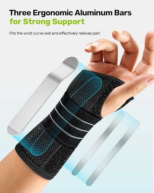Rakiie Carpal Tunnel Wrist Brace, Ergonomic Night Support Brace with 3 Metal Splints for Arthritis & Tendonitis Relief, Breathable Hand Splint Stabilizer for Men Women (Right Hand, Gray, Medium)