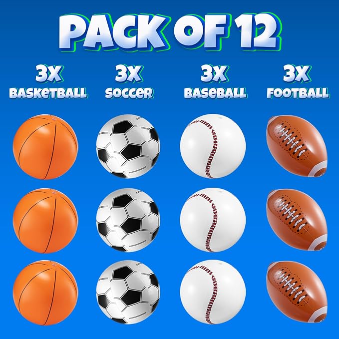 16" Inflatable Sports Beach Balls Variety Pack (12 Pcs) - 3 of Each - Basketball, Baseball, Football, Soccer Beach Balls for Sports - Themed Parties, Pool Toys, Birthday Decorations, and Party Favors