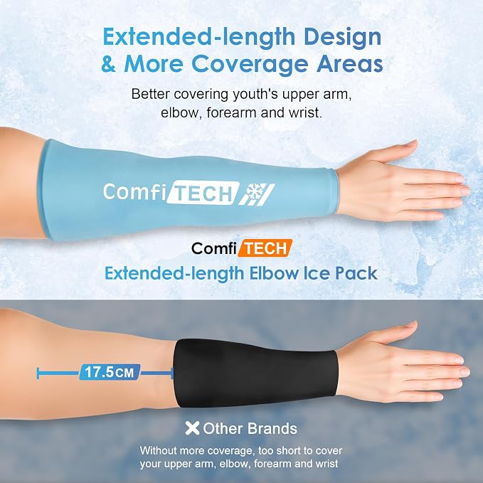 ComfiTECH Youth Full Arm Elbow Ice Pack Wrap, Tennis Cold Sleeve, Small | Flexible Gel Ice Sleeve for Teen Golfers Arm, Pitchers Throwing Recovery, Reusable Brace for Forearm Wrist Muscle Discomfort