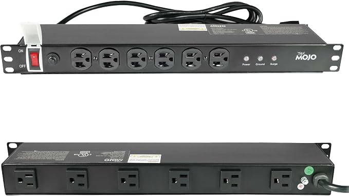 Tecmojo 1U Rackmount Network-Grade PDU Surge Protector, 12 Outlets (6 Front, 6 Rear Wide Spaced) 12A 6ft Cord with 5-15P Lug - Black, UL Certified