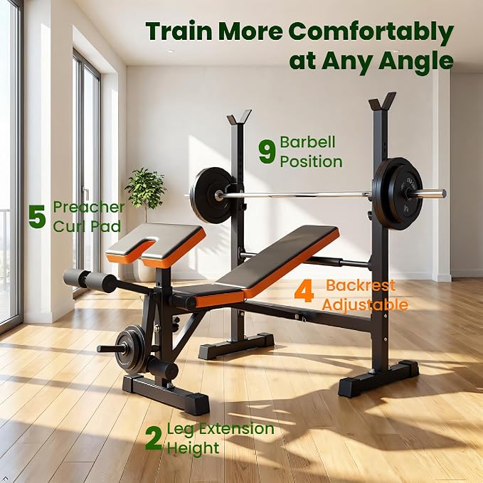 YOLEO Beginner Weight Bench Set for Home Gym, 6-in-1 Adjustable Workout Bench with Squat Rack, Foldable Full Body Fitness Equipment for Bench Press, Sit-Up & Strength Training