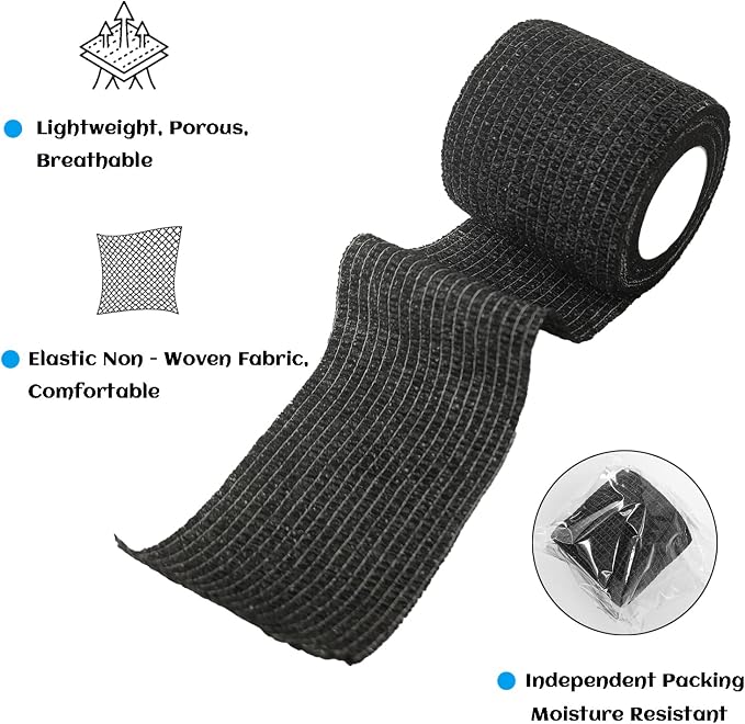 24 Rolls Black Elastic Self Adhesive Bandage Wrap 2 Inch, Breathable Cohesive Bandage, Ankle Sprains Swelling Medical First Aid Sports Athletic Grip Tape, Dogs Pet Vet Wrap