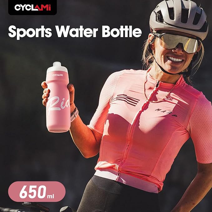Bike Water Bottle 22oz/650ml Cycling Squeeze Water Bottle BPA Free Leakproof Easy-Squeeze Sports Bottles for Bicycle Gym Camping Hiking Cherry Blossom Pink
