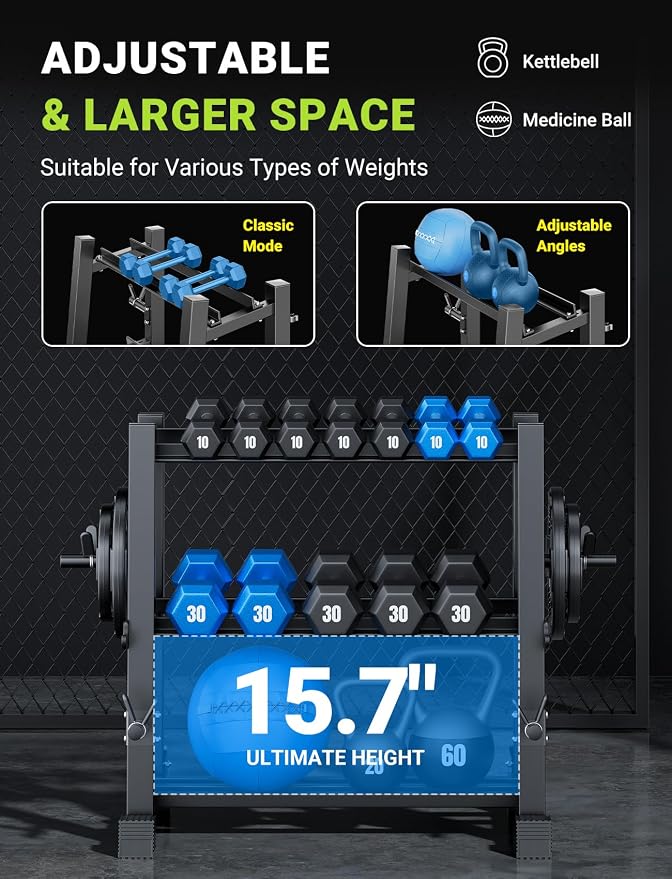 YOLEO Dumbbell Rack Stand Only, 1100LBS Heavy Duty Weight Rack for Home Gym, Adjustable 3-Tier Weight Storage Rack for Dumbbells, Barbells, Kettlebells & Weight Plates, Compact Workout Equipment Organizer