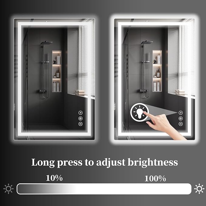 Koonmi 55x30 LED Bathroom Mirror with Light, Anti-Fog, 3 Colors | Backlit + Front Lit, Dimmable Brightness, Shatterproof HD Distortion-Free Tempered Glass, Hardware Included