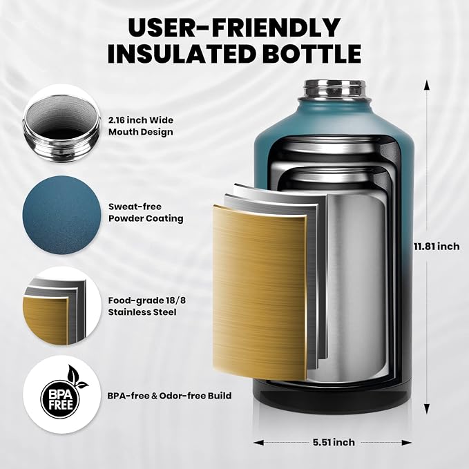 RAYMYLO One Gallon Water Bottle Insulated, Triple Walled Vacuum Stainless Steel (Cold for 48 Hrs), Leak Proof & Non-BPA, Large Water Flask Jug with Paracord Handle & Straw Spout Lids