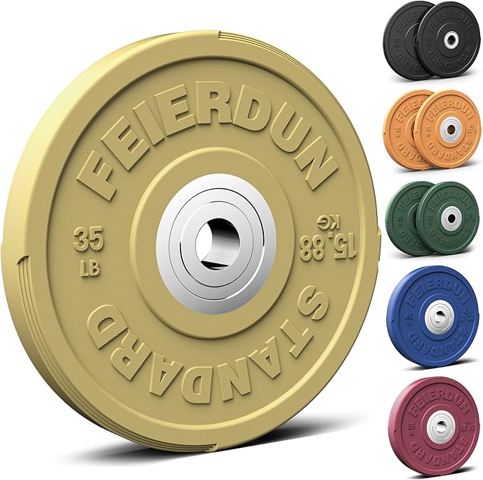 FEIERDUN Color Bumper Plate Set, 2-Inch Olympic Weight Plates, Low Bounce Rubber Barbell Plates with Stainless Steel Insert for Weightlifting, Strength Training, CrossFit & Home Gym, 10LB-370LB