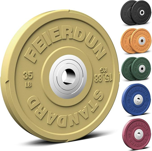FEIERDUN Color Bumper Plate Set, 2-Inch Olympic Weight Plates, Low Bounce Rubber Barbell Plates with Stainless Steel Insert for Weightlifting, Strength Training, CrossFit & Home Gym, 10LB-370LB