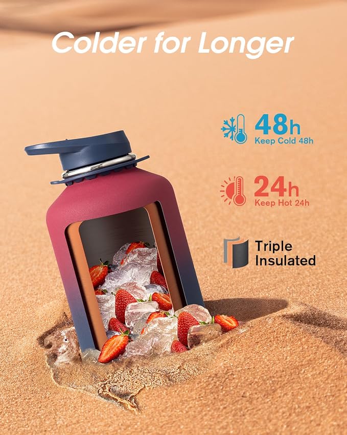 Coolflask Half Gallon Water Bottle Insulated Stainless Steel with Strap | 64 oz Large Water Jug with Straw & Spout Lids,Triple-Wall, Cold 48+h,Dishwasher Safe, Leakproof, BPA-Free,for Gym & Hiking
