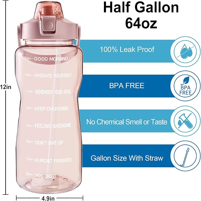 EYQ 64oz/128oz Leakproof Free Drinking Water Bottle with Motivational Time Marker BPA Free for Fitness, Gym and Outdoor Sports