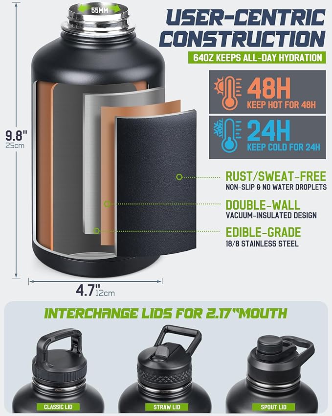 RXW 64oz Insulated Water Bottle Half Gallon Water Jug with Sleeve Tactical | Stainless Steel Water Jug Large Military Water Bottle with 3-IN-1 Pouch/3 Lids/Straw/Paracord Handle for Gym/Camping/Workout