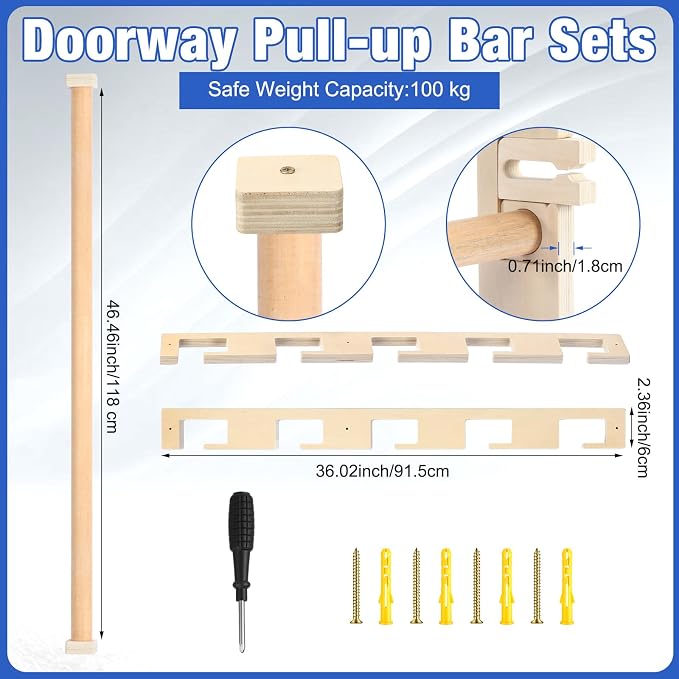 Leinuosen Doorway Pull-up Bar Sets Adjustable 5 Levels Wooden Doorway Pull-up Bar and 2 Door Frame with 6 Sets of Screw-in Heavy-duty Door-mounts to Fits 118cm