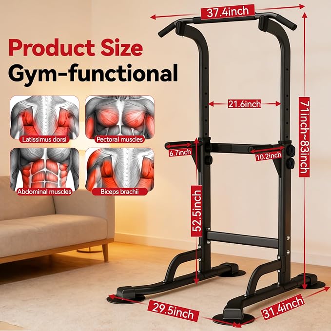 WATBKHE Power Tower Pull Up Dip Station Foldable, Pull Up Bar Station Adjustable, Multi-Function Home Gym, Strength Training Fitness Equipment, Triangular Design, for Home Outdoor
