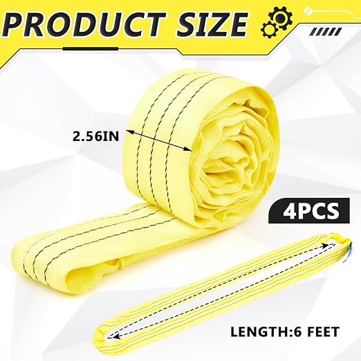 Fabbay 4 Pcs 5.9 Feet Heavy Duty Polyester Endless Loop Round Lift Slings Lifting Straps for Hoist Towing Moving Furniture Rigging Equipment, 8400 LB Vertical 6700 LB Choker 16800 LBs Basket(Yellow)