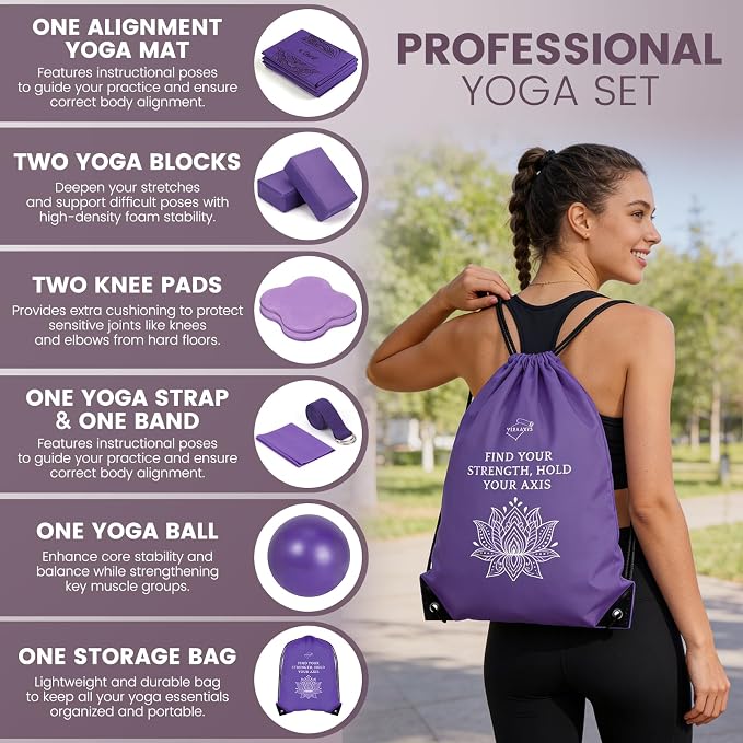 Foldable Yoga Mat and Blocks Set for Women with 2 Pack Yoga Blocks and Strap,Thin Non Slip Pilates Mat with Bag, Home Workout Equipment Essentials Starter Kit for Beginners Full Body Toning