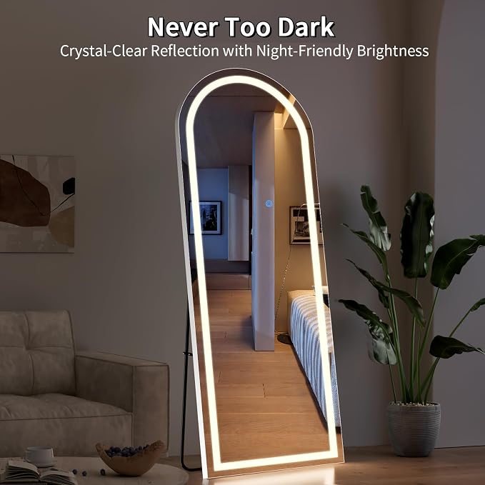 Koonmi LED Full Length Mirror, 71"x32" Full Length Mirror with Lights, Lighted Floor Mirrors with Stand, Full Body Mirrors with Dimming & 3 Color Lightingfor Living Room Cloakroom, White