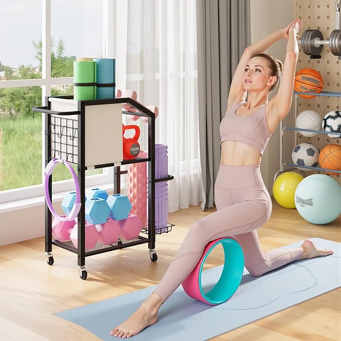 HOOBRO Dumbbell Rack, Weight Rack for Dumbbells, Yoga Mat Storage Rack, Home Gym Storage Rack for Dumbbells Kettlebells Foam Roller, Workout Storage Organizer with Wheels & Hooks