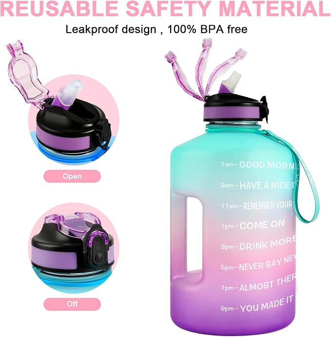 SLUXKE 1 Gallon Motivational Sports Water Bottle with Time Marker, BPA Free 128oz Leak Proof Jug, Black, Plastic, 128 ounces, Fitness, Sports, Outdoor Activities